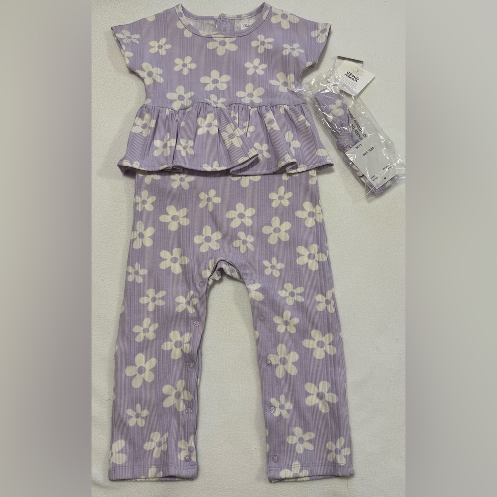 Grayson little 24M Purple Floral Baby Romper Outfit With Headband NWT